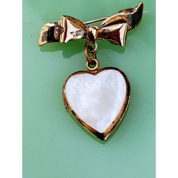 Vintage MOP Shell Sterling 10K GF Heart Locket Brooch - Picture 3 of 12